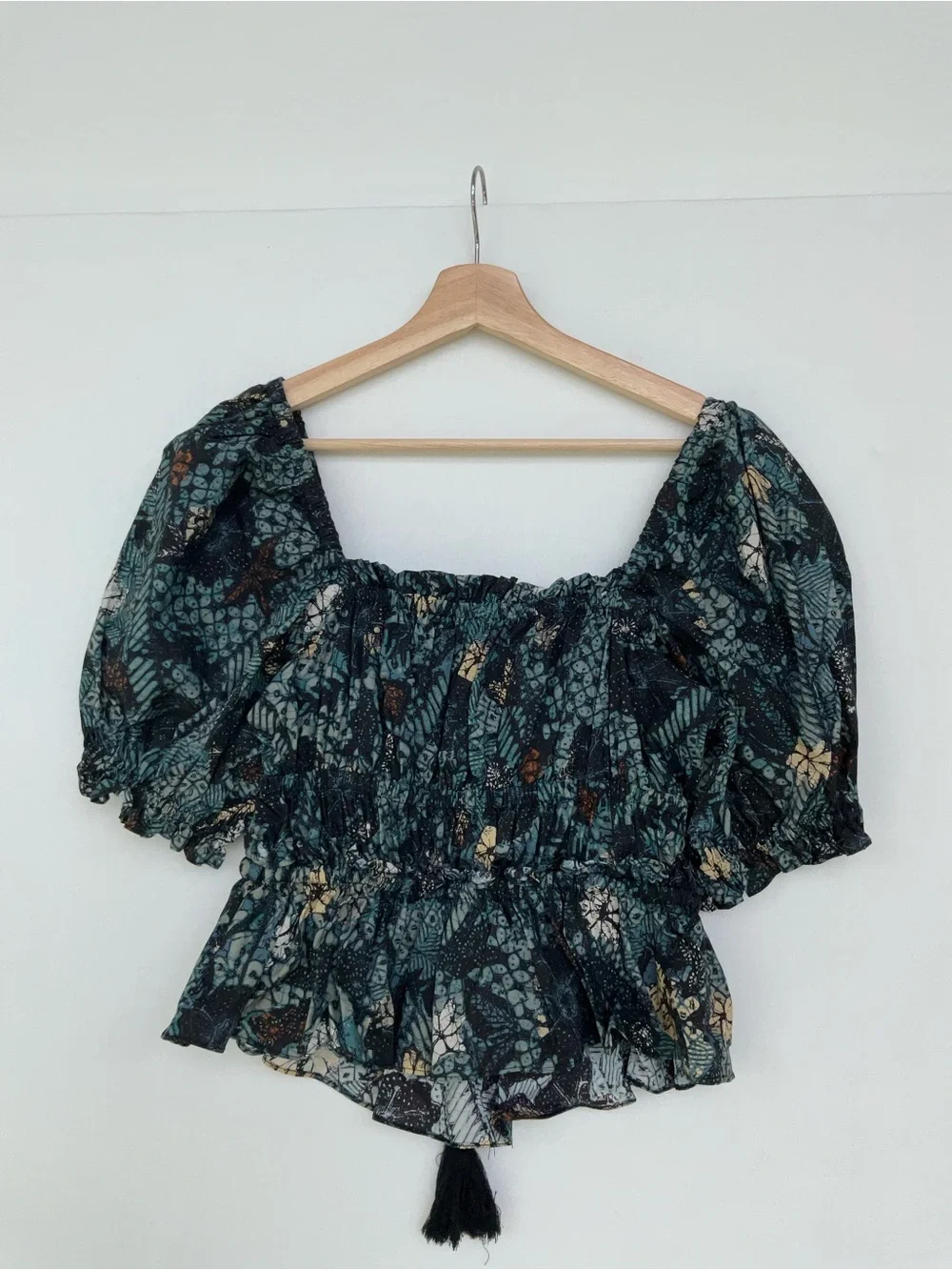 Ulla Johnson Teal Floral Puff-Sleeve Peplum Top